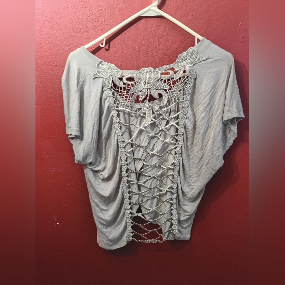 Miss Chievous Gray Crochet Back Blouse - Picture 8 of 9